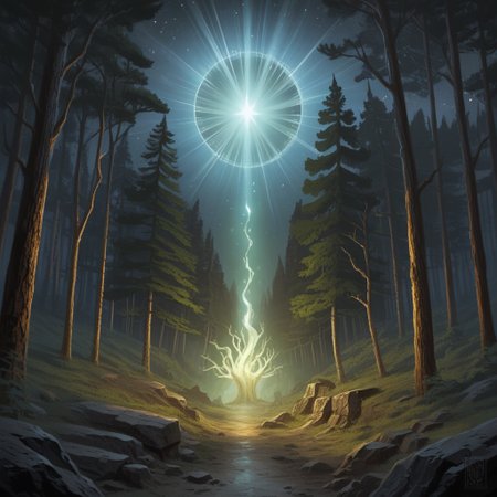 Under a dark, star-filled night sky, two mysterious girls stand in a shadowy forest, illuminated by the distant glow of a hovering jet. One girl, her sharp teeth flashing in a mischievous grin, clutches an ancient book filled with cryptic symbols, its pages glowing faintly. The other, holding a delicate yet otherworldly instrument, plays an eerie melody that echoes through the towering trees. The air hums with an ethereal energy, blending the vast mystery of space with the quiet isolation of the deep woods. Their upper bodies are partially silhouetted against the cosmic light, merging the mystical and the unknown in a hauntingly beautiful scene.