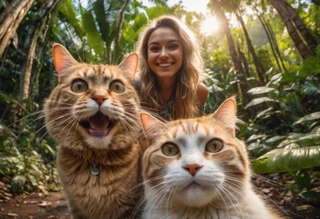 dogs and a big dat fluffy cat, smiling taking a selfie with a super wide angle lenses. happy vibes. jungle backdrop. warm lighting. Masterpiece, 8k uhd, iconic, cinematic