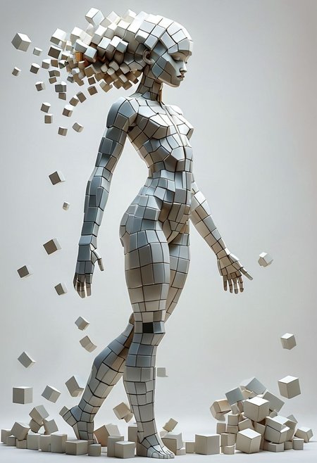 artcbd, Create an image of female figure composed entirely of cubes in various sizes. The figure should appear as if constructed from these geometric shapes, with distinct cubes forming the head, torso, arms, and legs. The cubes vary in size to represent different body parts proportionately, creating a visually interesting and abstract representation of a human body. The composition should be clear, with a focus on how the blocks assemble to mimic human anatomy. The background should be neutral to emphasize the figure
