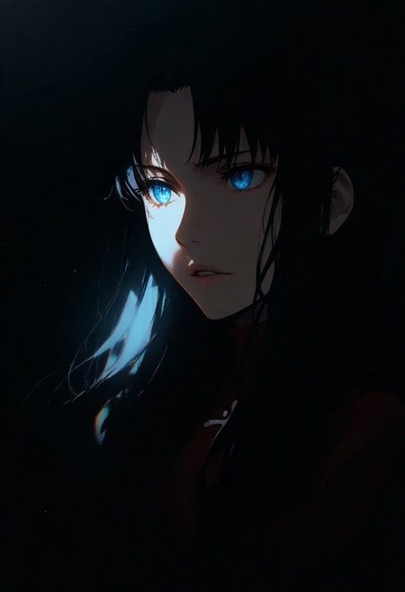 1girl, tohsaka rin, solo, dark, light, the light illuminates part of the face, masterpiece, best quality, very aesthetic, close up,  parted lips