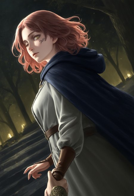 sbjy2, (melina_(elden_ring):1.3), 1girl, black_cape, brown_hair, cape, closed_mouth, dress, erdtree_(elden_ring), facial_tattoo, fingernails, floating_hair, forehead, gauntlets, grey_dress, holding_hands, hood, hood_down, hooded_cape, leaf, long_sleeves, looking_at_viewer, one_eye_closed, outdoors, pov, pov_hands, reaching, looking_back, reaching_towards_viewer, holding_hands, short_hair, tattoo, tree, yellow_eyes, dynamic dutch angle, dramatic lighting, masterpiece, best quality, amazing quality, very aesthetic, 4k, official art, latest , <lora:5b2eae41-a0ba-4d91-976b-45bcc1060de9:0.9>
