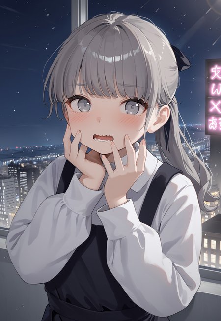 LapwingVRC, bangs, long hair, ponytail, white shirt, long sleeves, white sleeves, grey hair, grey eyes, hair ribbon, pinafore dress, collared shirt,

looking at viewer, hands on own face, blush, flustered, embarassed, wavy mouth, open mouth,

window, cityscape, neon lights, billboard, dark, night, night sky, 

1girl, solo, solo focus, highres, absurdres, light particles, backlighting, shade, lens flare, shiny skin, fine fabric emphasis,