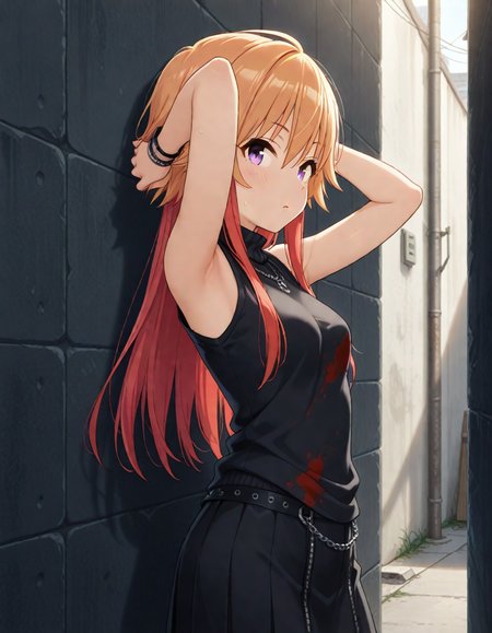 masterpiece,best quality,absurdres,official art,official style,source_anime,anime screencap,anime coloring,
<lora:Hyper-SDXL-8steps-lora:1>,
<lora:Asuka_IL:0.9>,asukachang,1girl, solo,light brown hair, long hair, multicolored hair,red hair, two-tone hair,purple eyes, 
sleeveless,black turtleneck,loose turtleneck,blood stein on shirt,black skirt,
armpit focus,hands behind head,bracelet,back alley,looking at viewer,ashamed,heavy blush,from side,