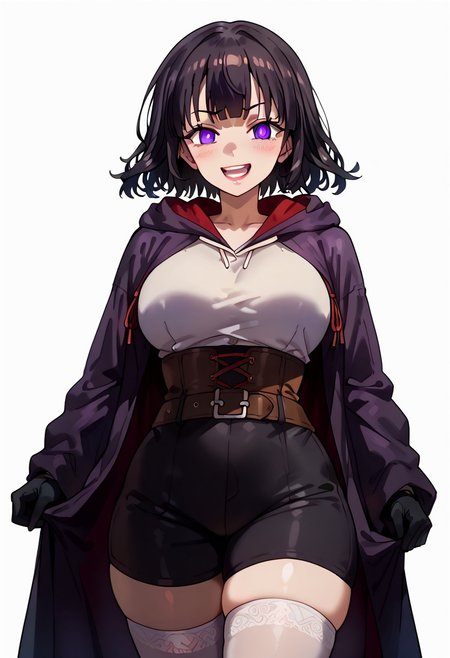 score_9. score_8_up. score_7_up. score_6_up. score_5_up. score_4_up, source_anime, 1girl, solo, calm, smile, smirk, seductive, squinted eyes, blushing, open mouth, 1girl, very_massive breasts, wide hips, thin waist, thick thighs, morgan_(female)_(fire_emblem), black hair, medium hair, bangs, purple eyes, purple robe, black robe, hooded robe, open robe, brown corset, white shirt, black shorts, black gloves, ((brown belt)), white stockings, cowboy shot, white background, <lora:ebora-Style-PonyXL-GLoRA-000049:1>, there is a lack of fire