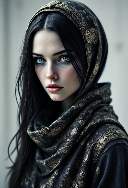 Portrait of a stunning, mysterious woman with pale skin, piercing blue eyes, and intricately styled dark hair. She wears a flowing black robe with subtle golden patterns, her gaze calm and calculating, set against a minimalist sci-fi background
 aidmafluxpro1.1 <lora:aidmaFluxPro1.1Stylev0.2:0.65> <lora:Dever_Flux_Enhancer:0.85>  <lora:Cyberpunk__Realistic:0.4> recypu style