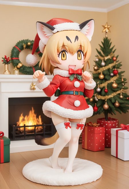 1girl, ((solo)), best quality, ultra-detailed, extremely detailed, perfect anatomy, masterpiece, score_9, score_8_up, score_7_up, Expressiveh, sand cat \(kemono friends\), 1girl, cat girl, cat ears, blonde hair, short hair, yellow eyes, cat tail, christmas tree, christmas decoration, christmas ornaments, underneath Christmas tree background, indoors, santa cosplay, santa outfit, santa hat, santa's sack, Christmas outfit, giant sack of presents, fully clothed, Christmas themed thighhighs, thighhighs, santa's sack of presents, red ribbon collar, Christmas presents, Christmas themed, living room, fireplace, (chibi), looking at viewer, smiling, eager, excited, happy, cute, adorable, surprised, hearts, shaking hips, hip sway, swaying hips, tail movement, tail_accessory, mistletoe_on_tail, mistletoe, dynamic lighting, looking at viewer, standing, standing on one foot, posing, paw pose,