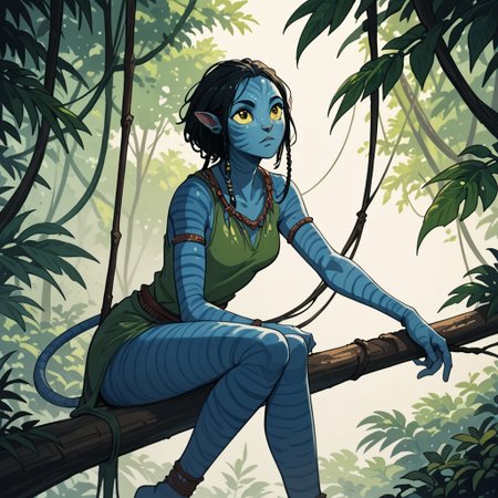 score_9, score_8_up, score_7_up, anime oil painting portrait, 18 year old female Avatar navi alien with blue skin, striped skin, sitting on a branch in the jungle, wearing a tunic made of leaves and moss