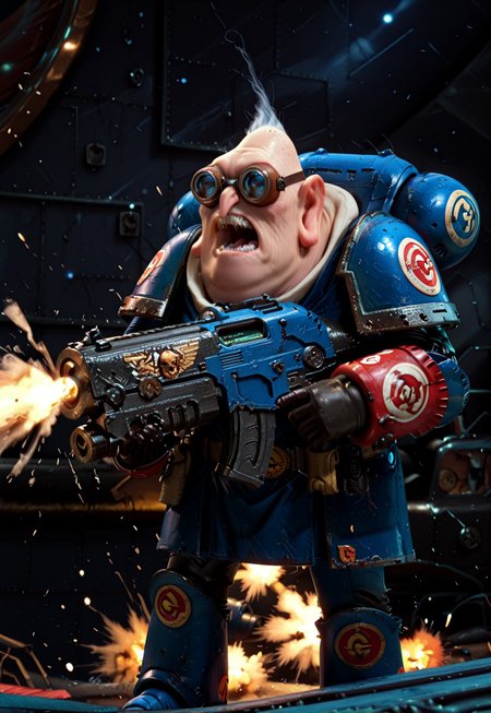masterpiece, best quality absurdres, newest, high detail, cartoon style, solo, 1boy, Nefario, maddoc, ggls, goggles, gloves, lbct, pale skin, no helmet, (space marine armor:1.3), shooting a heavy bolter, firing heavy bolter, yelling, battlefield background, highly detailed background, UltraM40k, a bltgun bolter weapon