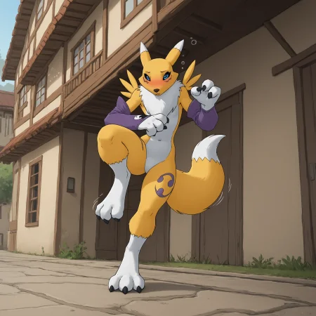 zPDXL3, (by zaush),
town square, outside, sunny day, bottom view,
solo renamon, full body, stumbling, wobbly pose, one leg lifted, (very drunk:1.4), drunk blush, red nose, drunk bubbles, lidded eyes, trembling, dizzy, confused, <lora:PDXL_artist_tags_v2_big:0.8>  , <lora:Renamon_Digimon_Tamers:0.7> digimon (creature), furry, fox ears, black sclera, blue eyes, white fur, yellow fur, body fur, gloves, black claws, fox tail