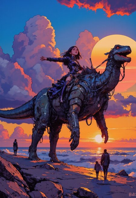 Dramatic silhouette of a girl riding on a quetzalcoatlus in the sky, the girl named Anke is  wearing a high fashion dress and has long hair, shadows unseen, dark silhouettes, floating, colorful sunrise horizon in the background, big colorful sun, clouds, dreaming fantasy, outstretched arms, BREAK cheonyeon-hi,a-shacho ,wanke, oil painting, highly detailed, aesthetic, great lighting, extremely detailed,  perfect composition, a vibrant tissue of hues and textures captured digitally, best quality, realistic, captivating, intricately detailed, hyper detailed, maximalist style, dynamic lighting, superb composition, finest details, highest aesthetics, best quality, sharp focus, high contrast, stylized, clear, colorful, ultra quality, whimsical, fantastic, splash art, intricate detailed, hyperdetailed, maximalist style, hyper detailed, maximalist style,  concept art, sharp focus, harmony, serenity, calm, mysterious glow, dynamic lighting, superb composition, sharp focus, high contrast, stylized, clear, colorful, ultra quality,  best quality, DB4RZ, DB4RZ style painting, NeoPigma, in the style of cksc, anime, cyberpunk, a masterpiece, award winning