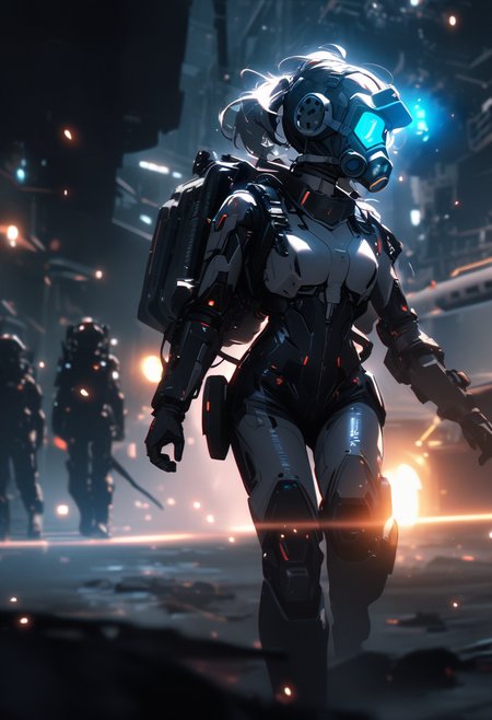 (best quality, 4k), future, 1girl, solo, tracking shot, exoskeleton suit, led, gas mask, machinery, digital engraving, deep glow effect, hdr, light particles, cinematic lighting, depth of field