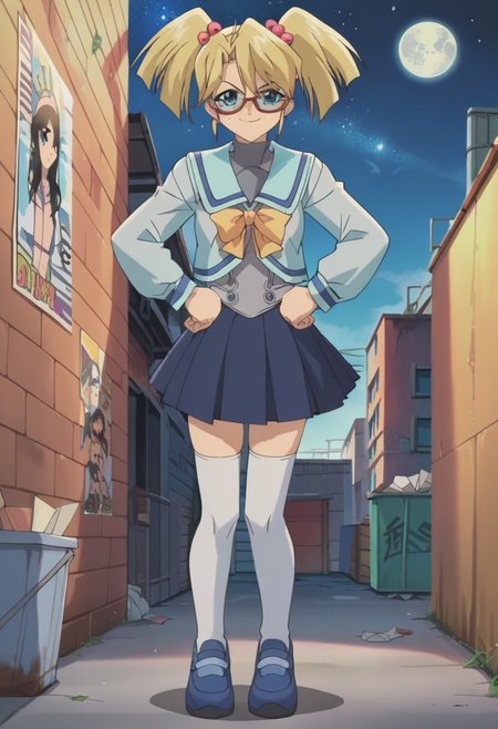 uncensored, score_9__up, score_9, score_8_up, score_8, score_7_up, score_7, score_6_up, score_6, score_5_up, source_anime, anime screencap, anime coloring, highres
upper body, close-up, face focus, looking at viewer standing, smirk, naughty face, mean look, hands on hips
dark alley, garbage, paper, trash cans, graffiti, torn posters, detailed background, night sky, stars, black sky, moon, moonlight, moon's ray, dim lights, cityscape
YGORebecHawki, 1girl, Blonde Hair, freckles, blue eyes, RH3, twintails, hair bobbles, glasses, semi-rimless eyewear, red-framed eyewear, sailor collar, serafuku, long sleeves, bow, grey shirt, zettai ryouiki, blue skirt, pleated skirt, white thighhighs, blue footwear, shoes