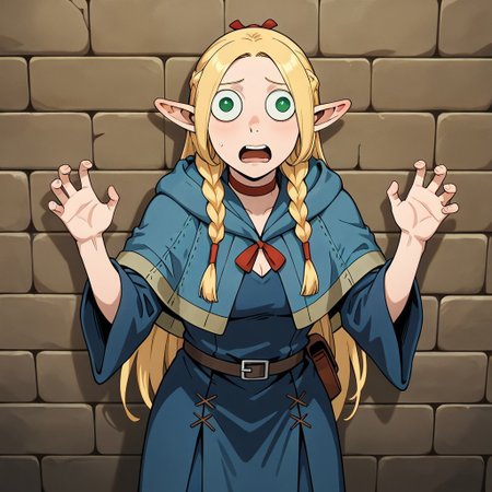 masterpiece, best quality, newest, absurdres, highres, anime, anime style, wall-eyed, GUGIL-V1.0, googly eyes, 1girl, marcille_donato \(dungeon_meshi\), elf, pointy ears, green eyes, blonde, robe, blue robe, choker, MarcilleWalleyed, Derpface, open mouth, Wall eyed,