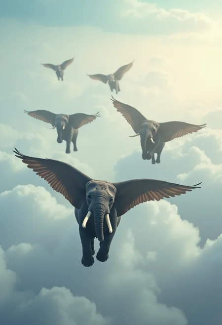 A flock of winged elephants flies south in the clouds.