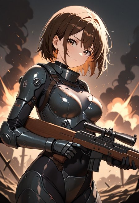 masterpiece, best quality, good quality, very aesthetic, absurdres, newest, 8K, depth of field,  in the style of cknc, artist:moriimee, in the style of cksc, 
1girl, short brown hair, cropped, hazel eyes, medium breasts, perky, armored bodysuit, glossy skin, reloading rifle, looking at viewer, from side
BREAK
war-torn battlefield, explosions, smoke rising
BREAK
dynamic light, earthy tones, high contrast, gritty texture, rich details, intense vibe