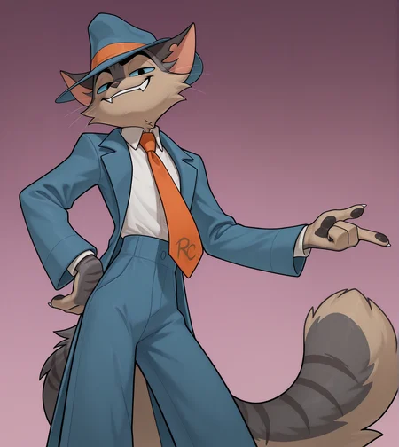 solo, anthro, furry, dark eyes, smile, blue coat, blue pants, white shirt, collared shirt, orange tie, blue headwear, pose, posing, pinup, sexy pose, smug, evil smile, looking at viewer, simple background, 
BREAK masterpiece, best quality, amazing quality, very aesthetic, high resolution, ultra-detailed, absurd res, newest,     <lora:rockyld:1> rocky rickaby