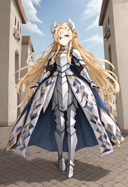 yugioh ecclesia, blonde hair, blue eyes, braid, facial mark, fake horns, forehead mark, hair ornament, horns, long hair, armor, armored dress, cape, gauntlets, headgear, leg armor, shoulder armor, white armor, 
masterpiece, best quality, very aesthetic, absurdres, full_body, tachi-e,