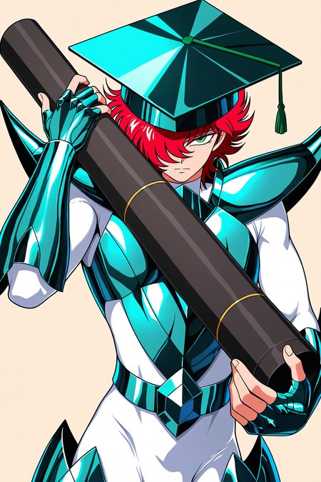 masterpiece,best quality,amazing quality, SSALBE, 1boy, male focus, wavy hair, short hair, pink-red hair, hair over one eye, green eyes, megrez armor, teal pauldrons, teal breastplate, belt buckle, white bodysuit, teal fingerless gauntlets, mortarboard, holding diploma, text GENIUS, upper body, looking at viewer, beige background, simple background