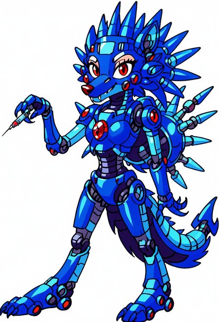 source_furry, hari harry, friender, wolf, hedgewolf, megaman, megaman3, needle wolf, spikey shell, red eyes and gem (on body), claws, robotic, friender, hedgewolf, spike, spike head, spikey shell, boss, robot, solo, (female:2), full body, looking at viewer, simple background, anthro, Artifyber_style, kind, calm, cute pose