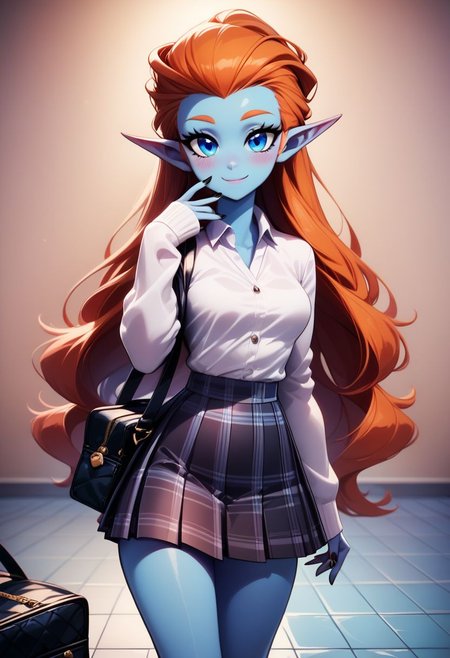score_9, score_8_up, score_8, medium breasts, (curvy), cute, eyelashes,     
BREAK,
zzMira, blue eyes, blue skin, orange hair, pointy ears, 
BREAK,
 closed mouth, alternate costume, smile, nail polish, looking at viewer, hand up, collared shirt, blush, sweater, black skirt, black nails, eyelashes, long sleeves, sleeves past wrists, plaid skirt, shoulder bag, black bag, blurry, tile floor, pleated skirt, white shirt,
zPDXL,