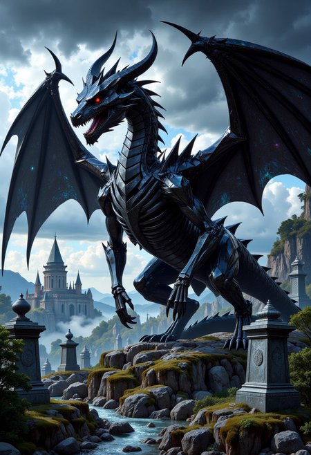FluxEpicDragon, a dragon skeleton made of cut black onyx and obsidian with subsurface scattering and subtle light transmission, with a small head, monstrous and colossal towering over the landscape, stoically guarding an ancient cemetery of monumental gravestones and mausoleums in the dead of night, jagged and empty skeletal ribcage and spine and skull, skeletal wings spread