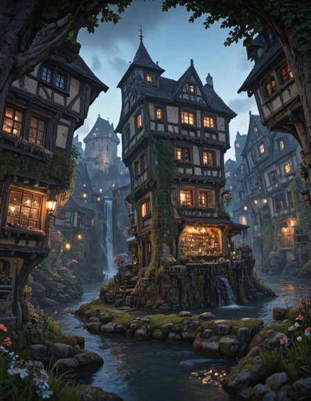 <lora:Medieval_Worlds_outsidexl:1> mw01out, medieval, very detailed, river, moss, illuminated, city lights, vegetation, flowers, roots, grass, shop, house on roots, very low angle, waterfall