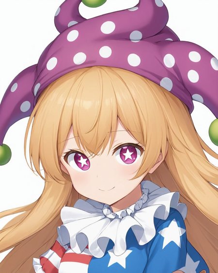 clownpiece,1girl, solo, jester_cap, spoken_heart, american_flag_dress, polka_dot, looking_at_viewer, neck_ruff, star_\(symbol\), smile, white_background, upper_body, simple_background, striped, frilled_shirt_collar, short_sleeves
<lora:clownpiece_image6545_2023-12-20:1>,star-shaped_pupils,symbol-shaped_pupils,. gorgeous,key visual, vibrant, studio anime,award-winning, professional, highly detailed,high budget, cinemascope