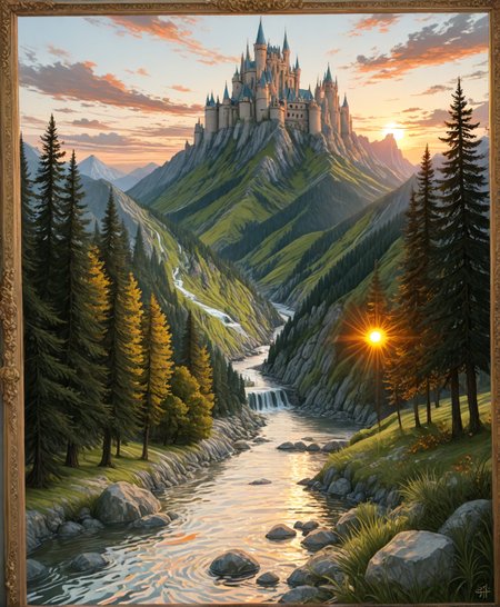 masterpiece, best quality, amazing quality, very aesthetic, perfect eyes, Sinozick_illu, crestyle, Sinozick_illu, gr4ph1t3,
,outdoors, sky, cloud, water, tree, no_humans, grass, nature, scenery, forest, sunset, rock, mountain, sun, river, castle, pine_tree,A stunning landscape photograph of a majestic castle perched on a rocky mountain peak, surrounded by lush green trees. The sky is a beautiful mix of oranges, pinks, and purples, with the sun setting in the background, casting a warm glow over the scene. The castle itself is tall and imposing, with multiple towers and spires. The river below is calm and clear, with rocks scattered along its banks. The scene is framed in a golden ornate frame, adding a touch of elegance to the image.

