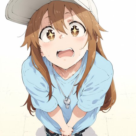 ((masterpiece, newest, recent, absurd res, absurdres, best quality, hi res, highres)),

haniodonstyle, 

Platelet, long hair, brown hair, hair between eyes, brown eyes, white headwear, blue shirt, baseball cap, flat cap, oversized clothes, oversized shirt, whistle,

from above, + +, open mouth, close-up, white background, own hands together, 