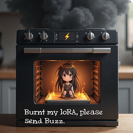 A realistic photograph of a modern kitchen featuring an oven with black smoke billowing out. The oven door is slightly open, revealing an anime girl sitting on a metal tray inside. The anime girl, with long, messy hair and large expressive eyes, is covered in black soot and surrounded by small flames, indicating she is on fire. The brand name "LoRA BAKER 4080" is prominently displayed on the oven, accompanied by a distinctive yellow lightning bolt logo. At the bottom of the image, there is a bold text caption that reads, "Burnt my LoRA, please send Buzz."