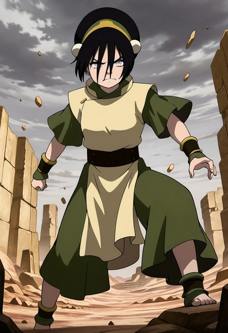 masterpiece, best quality, 1girl, solo,   zzToph, grey eyes, blind, short hair, black hair, yellow headband, battle-worn armor, cracked gauntlets, muddy battlefield, falling ash, broken statues, stormy sky, epic pose, glowing earthbending aura, fierce scowl  In a war-torn landscape littered with ruins and shattered statues, Toph stands defiant. Her armor bears the marks of countless battles, and her hands glow with raw seismic energy. Thunder rumbles overhead as she raises her arms, the earth around her trembling in anticipation. A legacy carved in stone, she is the immovable force that turns the tide of war.   , <lora:TophAvatar_IXL:1.0>,