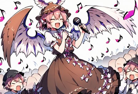 score_9, score_8_up, score_7_up, masterpiece, best quality, detailed, perfect, perfection, vibrant, gorgeous, 
BREAK
mystia, wings, brown headwear, short hair, hat, animal ears, puffy sleeves, dress, pink hair, brown dress, cowboy shot, frills, pink eyes, juliet sleeves, jewelry, shirt, winged hat, bangs, hair between eyes, white wings, white shirt, bird wings, feathered wings, earring, frolled dress, frilled sleeves, 
BREAK
bad singing,crowd,happy,grimace,(hands on own ears:1.2),music,noisy musical note, multiple boys,screaming,closed eyes,blank eyes,holding microphone,