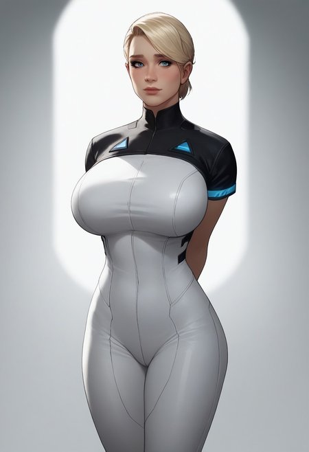 score_9, score_8_up, score_7_up, score_6_up,
high quality, high detail,
((masterpiece:1.2, best quality:1.2, dynamic lighting:1.1,))
full body shot, straight-on, bilaterally symmetrical,
1girl, solo,
<lora:KaraDBH:0.7>,
lips,
perfect eyes, perfect lips,
blonde hair, short hair, short ponytail,
blue eyes,
long legs, wide hips, thick thighs, huge breasts,
bodysuit, pants, short sleeves, white shirt, black sleeves, white pants, white footwear,
shy, light smile,
hands behind back,
standing, looking at viewer,
futuristic, Sci-Fi,
white background,
simple background,