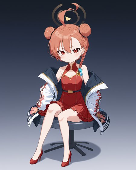 neru \(blue archive\),1girl, solo, halo, sitting, china_dress, looking_at_viewer, high_heels, double_bun, holding_fan, jacket, full_body, ahoge, mole_under_eye, open_mouth, folded_fan, single_braid, red_dress, bare_legs, red_footwear
<lora:neru_(blue_archive)_image1870_2023-11-28:1>halo. gorgeous,key visual, vibrant, studio anime,award-winning, professional, highly detailed,high budget, cinemascope
