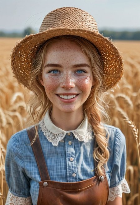 epiCRealism, 1girl, portrait of a farmer girl, bellissima, petit, slender, open smile, wearing leather apron over a checkered white and beige blouse, short sleeves, lace collar and lace on sleeves' rim, neck bow, messy and wavy blond hair, clean blue eyes, natural  beauty, no makeup, big eyes, freckles, large torn straw pointy hat , honest and cute face, wheat field being harvested in the background, hot summer day, sweat brow and temples, warm smile, parted lips, art by mooncryptowow, Detailed natural skin and blemishes without-makeup and acne