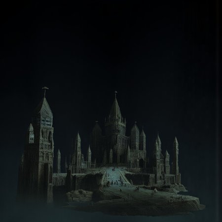 A Medieval castle with elderscrolls inspired aestetics and legend of zelda
Set against a solid dark black color background to emphasize its unsettling unnatural form that emphasizes its silhouette. The medium is not a traditional painting or illustrative medium like watercolor or ink but rather a digital 3D rendering.
MikeFranchinastyle, d4artstyle, d4concept, , bbstyle,, horror theme,, zbrush, ZBClay model of a gray sculpture, 1990's, 1990's style