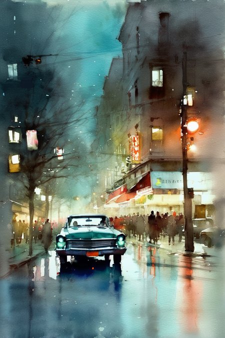 (Watercolor masterpiece:1.4),city street scene,the bar lights,tree,car,impressionist art painting by Jeremy Mann,Miles Johnston,Alasdair McLellan,Daniel Merriam,Peter Glick,Darius Klimza,perfection,gorgeous art,surreal,ethereal,exquisite detail,brilliant,wonderful,outstanding,amazing colors,mysterious,watercolor wash,watercolor,<lora:Watercolor _sdxl:0.8>, Watercolor style,