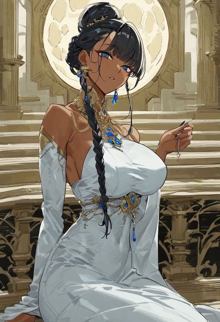 score_9_up, score_8_up, score_7_up, very detailed, 
1girl, tanned skin, Indian woman, gold piercings, indian make up, black hair, light green hair, light blue hair, multicolour hair, moon goddess, flowing teal gown, decorated gown with jewels and silver, high necked gown, fully covered breasts, covered chest, tight dress, impressive hair, braided hair, hair bun, fancy hair, night time, sitting on steps, petting wolf, looking at viewer, solo focus on female face, portrait shot, from stomach up, stylised, cyberpunk building in background, detailed face, best detail, (best quality:1.5), masterpiece, (high resolution:1.5) 
ng_deepnegative_v1_75t, OverallDetail, , Expressiveh