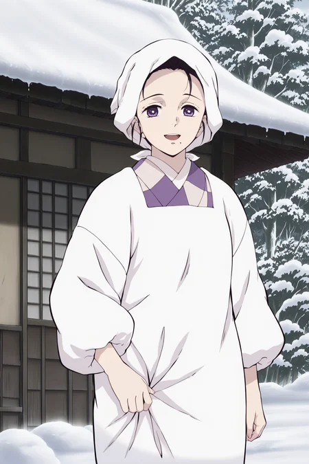 anime screencap, anime coloring, detailed face, masterpiece, best quality, very aesthetic, absurdres, volumetric lighting, official style, amazing quality, ultra detailed,  highres, amazing quality, scenery, beautiful detailed hair, beautiful detailed eyes,
 <lora:Kie_Kamado_Demon_Slayer:1>
Kie Kamado (character), 1girl, solo, mature woman, black hair, purple eyes,  kappougi, mole under mouth, looking at viewer, apron, kimono, japanese clothes, white headwear, head scarf, outdoors, cowboy shot, snow, looking at the viewer, :D