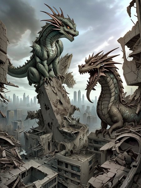 a detailed scaled (dragon) sits on a modern building in front of a (city in ruins:1.2).
 <lora:Wasteland:0.75> Wasteland, the, and, with, wasteland, background