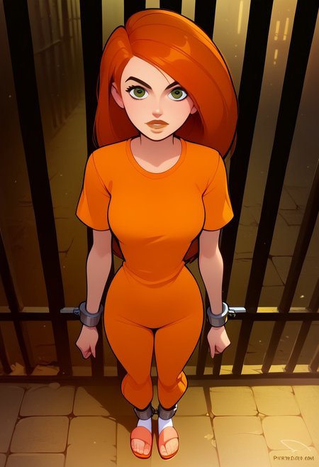 Score_9, score_8_up, score_7_up, anime style, ultra detailed, prison cell background, Excellent quality, high resolution, cowboy shot,, 1woman, solo, neutral expression, kim_possible, , short sleeves, orange jumpsuit, thin orange pants, slight cleavage, in a prison courtyard, matted hair, orange flip flops, white socks, ankle cuffs, standing,  Clinging on prison bars, holding onto prison bars, behind bars, amazing shading,  closeup, looking at viewer, view from slightly above,