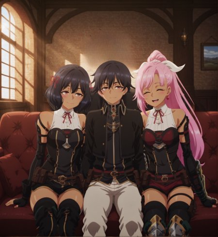 masterpiece,best quality,amazing quality,very aesthetic,absurdres,newest, huge filesize,
<lora:spo_sdxl_10ep_4k-data_lora_webui:0.5>, 
smile, 
1boy, 2girs, sitting, hetero,  sofa,side by side,hetero,  male sitting in middle,
guild, front view, day, sunlight, 
BREAK
1boy, 2girs, sitting, hetero,  sofa,side by side,hetero,  male sitting in middle,
guild, front view, day, sunlight, 
short hair, black hair, hair ribbon, short dress, white shirt, lace trim, sleeveless, detached sleeves, fingerless gloves, shorts, thigh boots, belt, pouch, scabbard ,indors, tavern,  nervous smile, blush <lora:Tino_Nageki:0.8>, 
BREAK
1boy, 2girs, sitting, hetero,  sofa,side by side,hetero,  male sitting in middle,
guild, front view, day, sunlight, 
<lora:Let_This_Grieving_Soul_Retire__Strange_Grief:0.7> , 
Strange_Grief, black hair, short hair, 
1boy,Strange_Grief,
black hair,short hair,
serious expression,
black jacket,gold accents,
high collar,white pants,
black boots,side pouch,
gloves,belt,
chains,
detailed outfit,
BREAK
1boy, 2girs, sitting, hetero,  sofa,side by side,hetero,  male sitting in middle,
guild, front view, day, sunlight, 
dark skin, pink hair, long hair, red eyes, single sidelock, jeart-shaped earrings, ponytail, ribbon, tube top, bare shoulders, detached sleeves, fingerless gloves, single gauntlet, red denim shorts, fur trim, belt, strap, pouch, thigh holster, greaves, indoors, tavern, smile, open mouth, closed eyes <lora:Liz_nageki_illus_v2_r1:0.8>,
