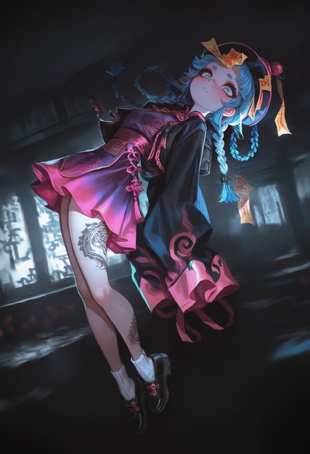 masterpiece, best quality, good quality, very aesthetic, absurdres, newest,  dynamic angle,dynamic pose, 1girl, black footwear, black jacket, blue eyes, blue hair, blush, braid, dress, full body, gradient clothes, gradient dress, jacket, (jiangshi:1.2), leg tattoo, multicolored hair, ofuda, pink hair, purple dress, short eyebrows, sleeves past fingers, sleeves past wrists, socks, split-color hair, tassel, tattoo, twin braids, white socks, horror,psychedelic, simple horror background,
shadowy lighting, cinematic atmosphere, <lora:ponyv4_noob1_2_adamW-000017:0.7> <lora:USNR_STYLE_XL_lokr:1> <lora:GBF_Illustrious:0.3>