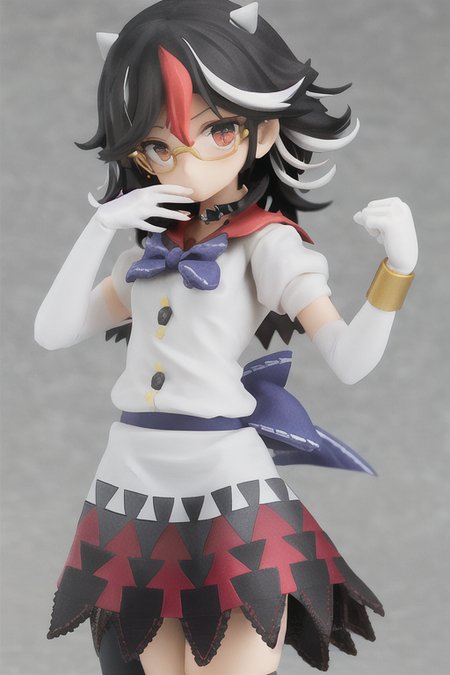 masterpiece, best quality, 1girl, solo, solo focus, (((kijin seija))), horns, red eyes, multicolo(red hair:1.14), (black hair), streaked hair, short hair, (red hair:1.14), white hair, dress, bow, jewelry, bracelet, white dress, blue bow, (puffy short sleeves:1.45), puffy sleeves, bowtie, blue bowtie, short sleeves, arrow \(symbol\), white shirt, blue sash, purple bowtie, purple bow, buttons, ribbon trim, multicolored clothes, sash, sailor collar, red sailor collar, petite, skinny, thighhighs, elbow gloves, choker, glasses, pose, <lora:seijaKijin_seijaKijin:1>, <lora:figmaAnimeFigures_figma:1>