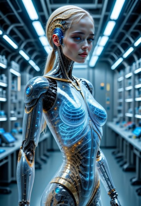 BODY SHOT, extremely detailed, 8k, (BEAUTIFUL BLONDE FEMALE ANDROID:1.3),  BLUE EYES, IN A HIGH TECH FUTURISTIC LABORATORY, LEDS, BIOMECHANICAL BODY PARTS, (TRANSPARENT ULTRA DETAILED BODY shell:1.5) SHOWING blue and gold CIRCUITRY shining bright INSIDE THE BODY, Detailed hand, (DYNAMIC POSES :1.5), perfecteyes
