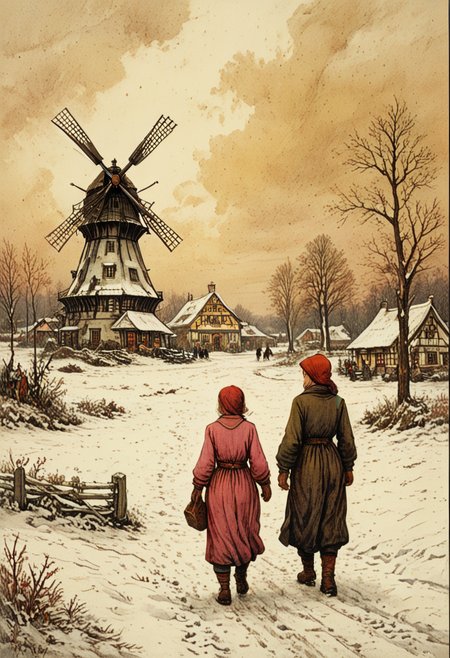 a painting of people playing in the snow in front of a windmill and a windmill windmill in the background is a village, Anton Pieck style, Efteling, Anton Pieck style, Efteling, Anton Pieck Style, wdblkCE_style, idyllic, romanticized, mood, serene, magical, quiet, peaceful hopeful. pink red yellow white :: rough strokes, gritty, gangly, dark :: Lovely, dynamic, cute