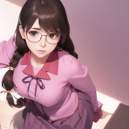 a woman,<lora:TsumasakyHanekawaTsubasa_v1:1>, closeup,

brown haired,ligtht pink school uniform,skirt,
glasses,

realistic, hyperrealistic,soft shadows,