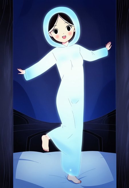 zPDXL3, source_cartoon, Perfect Hands, full body,
1girl, solo, aged down, bedroom, looking at viewer, saoirse, black hair, black eyes, blush, ghost, hood up, robe, barefoot, glowing, dancing on bed, from behind, facing at viewer, feeling cold, eyes open, smile, open mouth, sleeve past wrist, slim body, highlight cloth wrinkle, anime style, kicking, jumping,
<lora:Perfect Hands:1>  <lora:Saoirse_-_The_Song_of_the_Sea-000009:1>