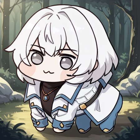 score_9, score_7_up, source_anime,  <lora:Doro_X_PDXL_V1:1> doro, creature, chibi, :3, four legs, <lora:SomaCV-pdxl:1> soma, white hair, short hair, grey eyes, white coat, open coat, long sleeves, black turtleneck, pendant, blue pants, forest