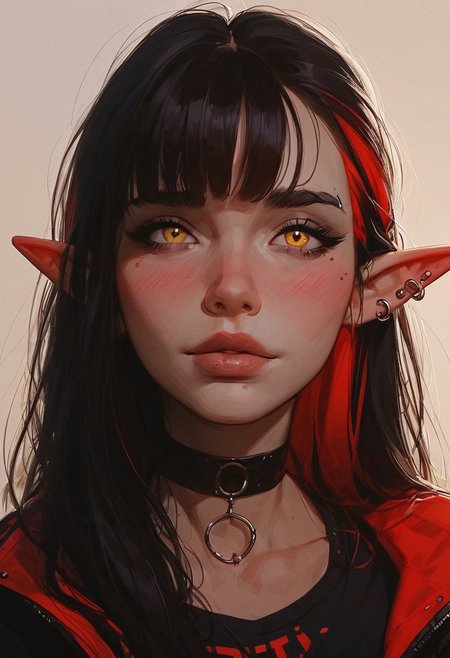 score_9, score_8_up, score_8_up, 1 Elf girl, 1 girl, multi coloured hair, ((long hair)), ((bangs)), straight hair, piercings, choker, portrait, nervous, looking up at viewer, blushing, leaning in to kiss viewer, happy to see viewer, POV, ((streetwear)), average tits, teardrop shaped tits, fit body, thin waists, beautiful, day lighting, negative_hand, g0thicPXL, GTA